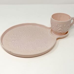 Vintage Jeannette Feather Shell Pink Milk Glass Snack Tray and Cup Set 1950's